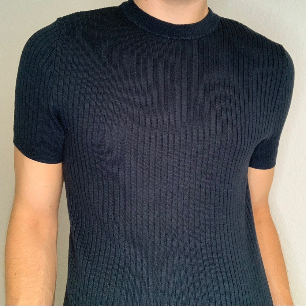 Topman ribbed dark blue top tight fitting shirt